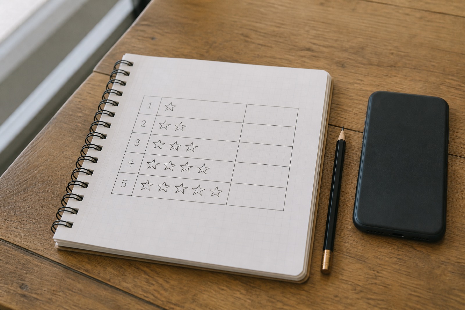 Handwritten rating grid in a notebook next to a pencil and a phone