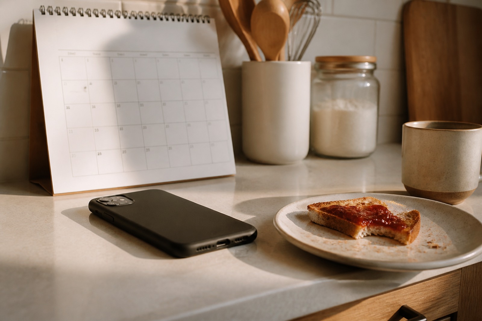 Notebook and phone on a kitchen counter during a morning planning session