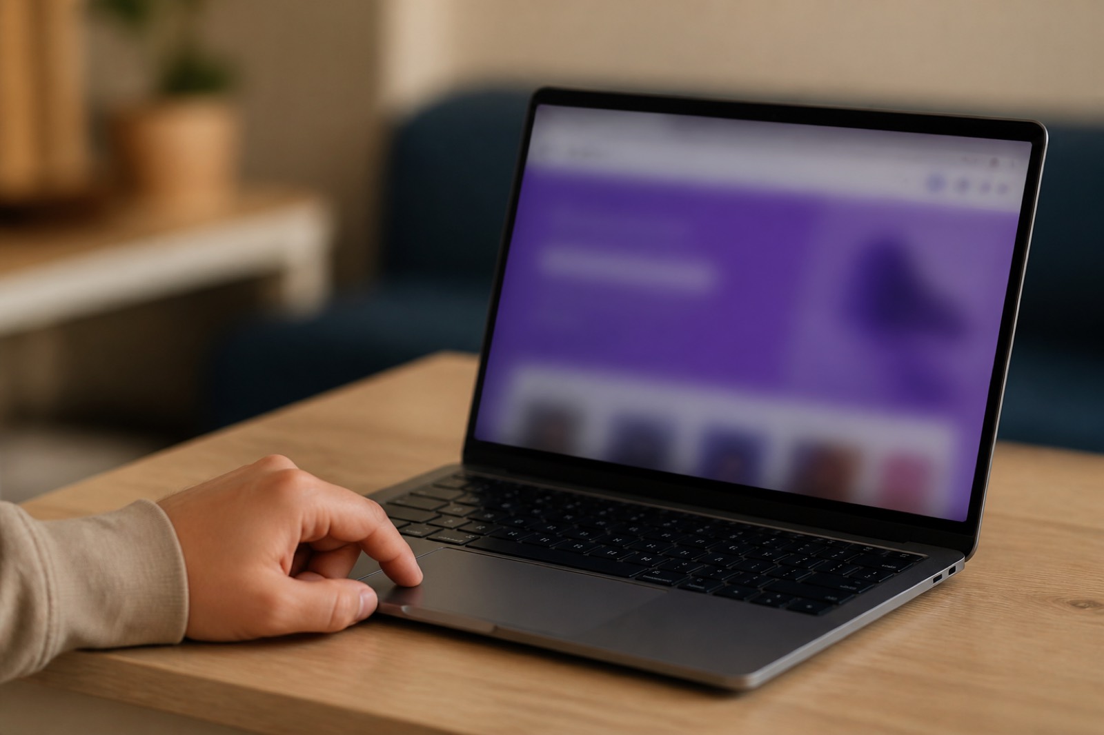 Person hesitating at a laptop with a blurred screen late at night